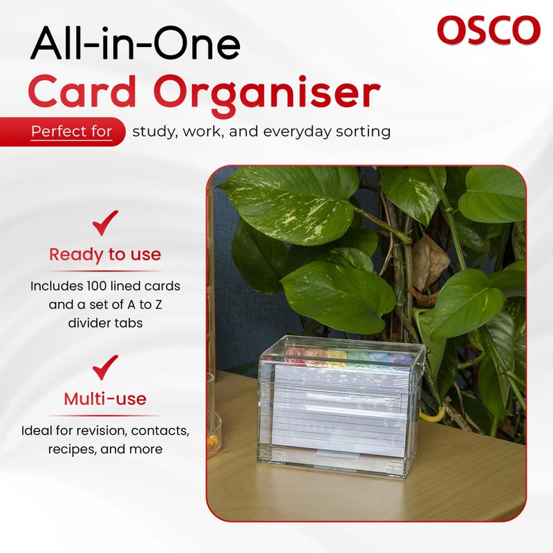 OSCO Clear Acrylic Index Box | Small | A to Z Divider Tabs | 100 Lined Note Sheets Included (5" X 3") | Ruled Revision Flash Cards | Recipe Notes | Contacts Filing | Fits 127 x 76 mm - Image 4